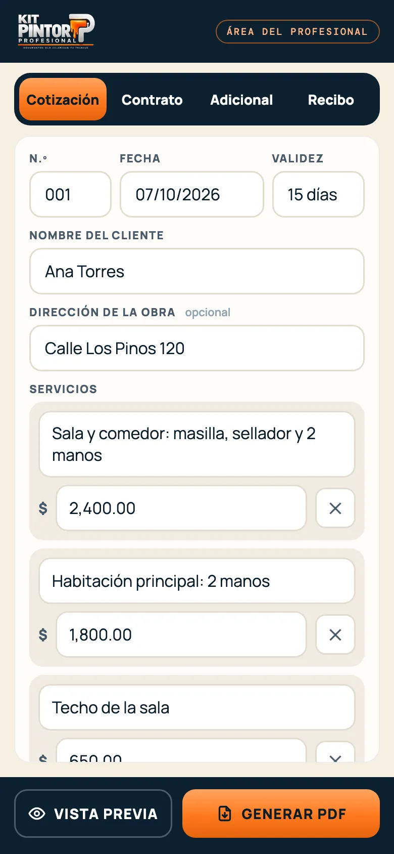 Pantalla del generador en el celular con una cotización siendo llenada