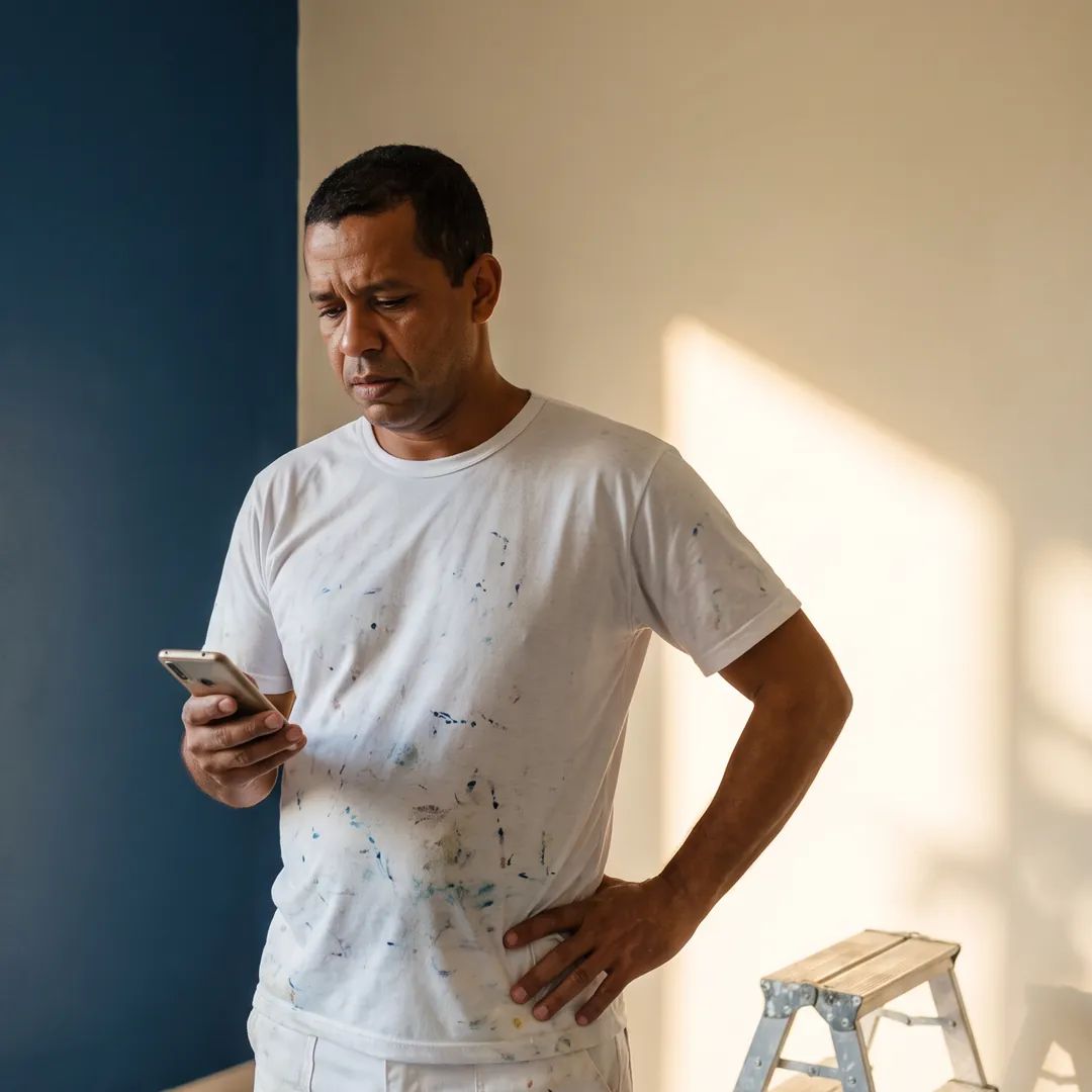 Pintor con la camiseta manchada de pintura leyendo en el celular el mensaje del cliente